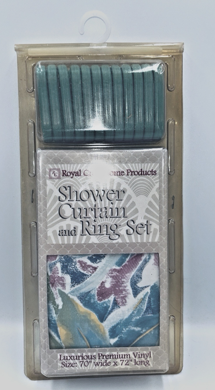 Vintage Vinyl Shower Curtain and Hooks Size 70x72 Green Pink Blue New Old Stock